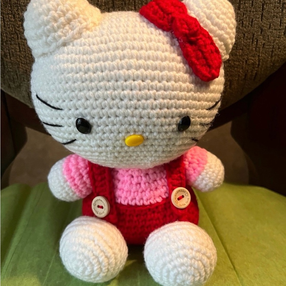 Crocheted handmade Hello Kitty Inspired Cat Plush with Red Bow new